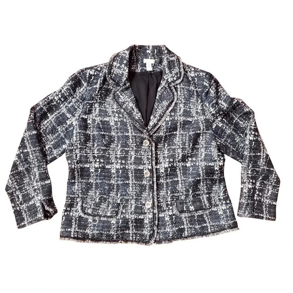 Chicos Y2K Black Blue White Fringed Nubby Textured Tweed Blazer Jacket Size 3 XL - Picture 11 of 12